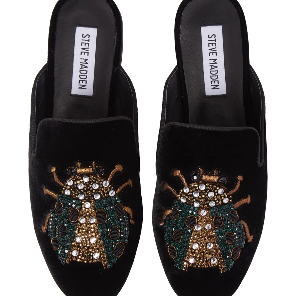 Steve Madden Hugh Beetle Embellished Black Velvet Mules